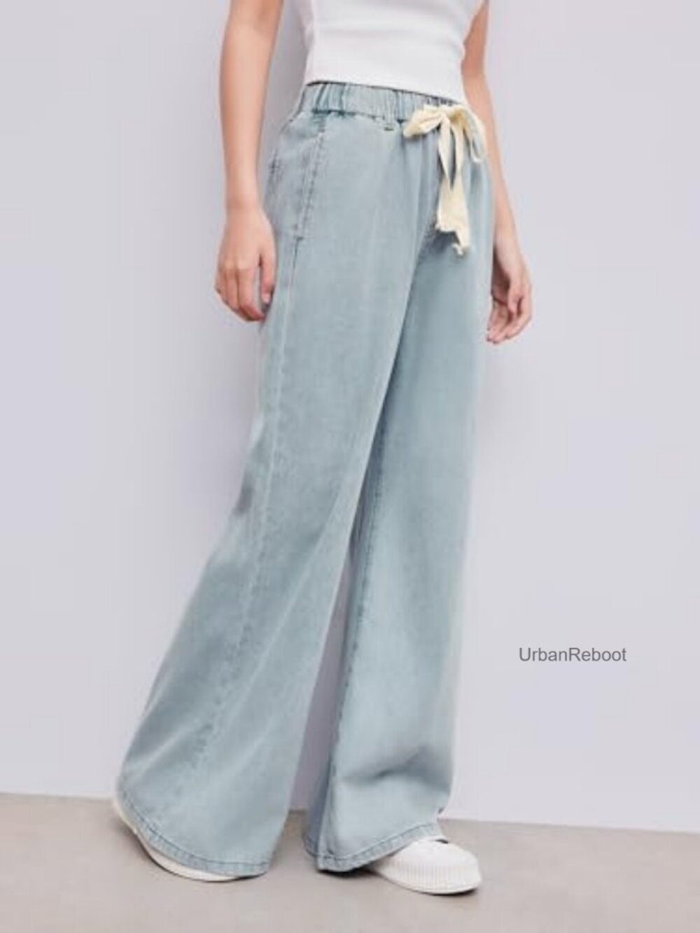 Drawstring Baggy Wide Leg Jeans High Waisted Pull On Denim Pants with Pockets - Picture 3 of 5